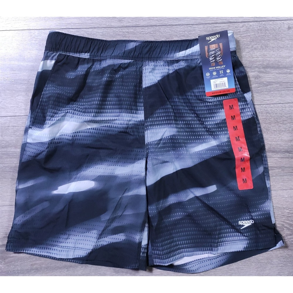 Speedo Swim Trunks Adult Medium 32/34 Black Gray Tech Volley Liner Swimwear Mens